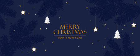 Christmas toys and sparkles on a blue spruce branches. Merry Christmas and Happy New Year banner. Vector illustration.のイラスト素材