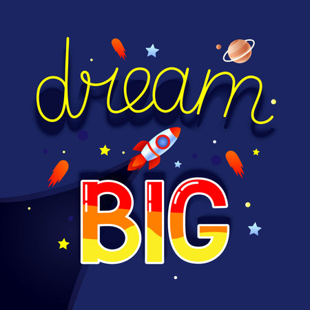 Dream big lettering with rocket, comet and planet on navy background. EPS 10のイラスト素材