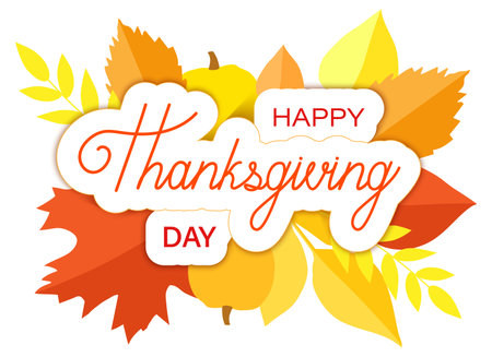 Happy Thankgiving day phrase with autumn leaves and pumpkin on a background. Vector illustration.のイラスト素材