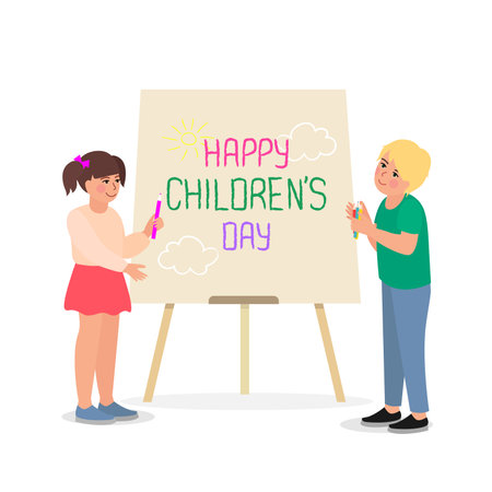 Happy Children's Day illustration. Ð¡hildren write on the board.のイラスト素材