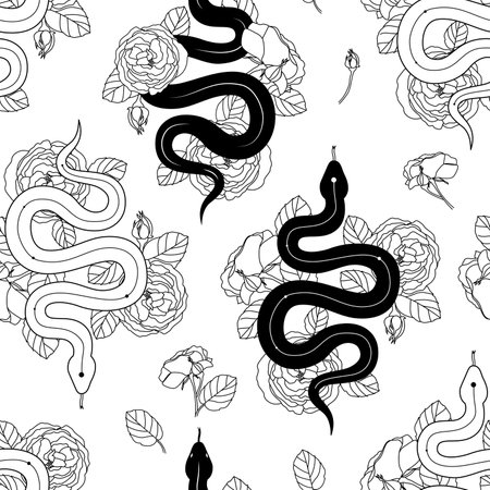 Snake with roses and boho symbols on a white background. Vector pattern for the year of the snake.のイラスト素材