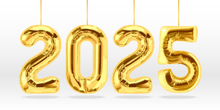 Gold balloon 2025 isolated on white background. Horizontal banner for Christmas or New Year. EPS 10.のイラスト素材
