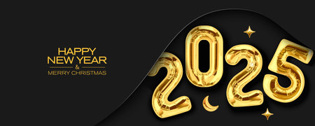 Happy New Year with gold balloon 2025 on a black background. Greeting banner for Christmas or New Year. EPS 10.のイラスト素材