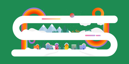 Snowy city, mountains and deer on green background. Merry Christmas and Happy New Year banner.のイラスト素材