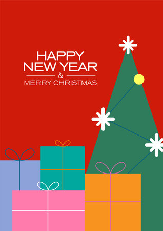 Christmas tree and gift boxes on a red background. New Year's poster with a minimalistic design.のイラスト素材