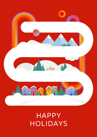 Happy holidays text with snowy city, mountains and deer on red background. Merry Christmas and Happy New Year poster.のイラスト素材