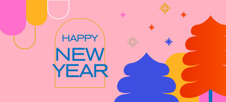Colorful spruces and decorative shapes on a pink background. Bright banner for the New Year.のイラスト素材