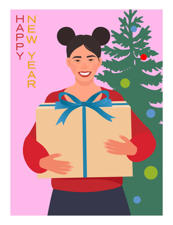 Happy New Year poster with smiling girl and fir tree. A woman with a gift box in her hands.のイラスト素材