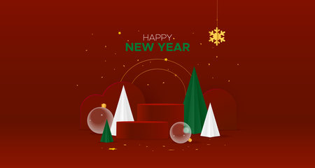 Christmas tree, toys and podium in paper cut style on a red background. Merry Christmas and Happy New Year card. Vector illustration.のイラスト素材