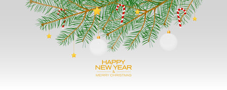 Happy New Year banner with pine branches, Christmas toys and candies. New Year's greeting illustration.のイラスト素材