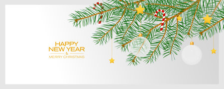 New Year's greeting illustration. Happy New Year banner with pine branches, Christmas toys and candies on a white background.のイラスト素材