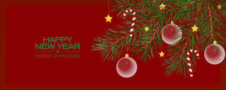 New Year banner with pine branches, Christmas toys and candies on a red background. New Year's greeting illustration.のイラスト素材