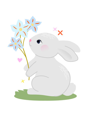 Cute rabbit with flowers on a white background. Vector illustration.のイラスト素材