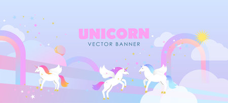 Background with bright unicorns, banner with stars, clouds and sun. Vector illustration.のイラスト素材