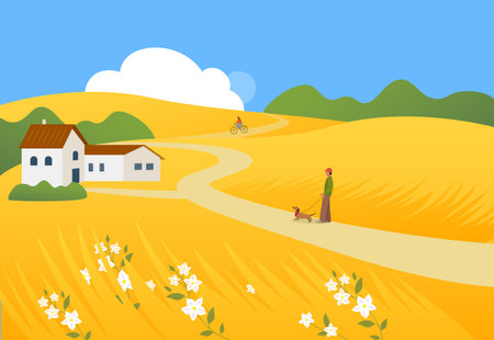 Yellow fields with white flowers and houses against a blue sky. A man walks with a dachshund.のイラスト素材