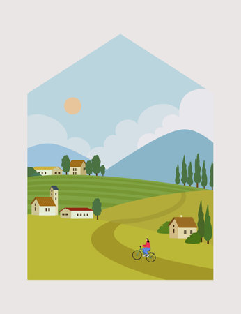 Cute landscape with a village in the mountains and a girl on a bicycleのイラスト素材