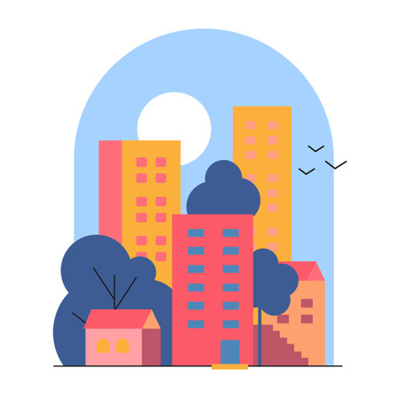 Cityscape with bright multi-story buildings and a full moon in the skyのイラスト素材