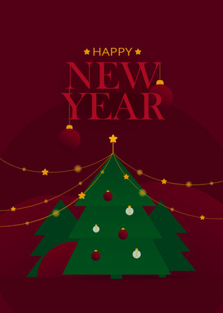 Christmas tree with New Year garland on red background. Vector Happy New Year card.のイラスト素材