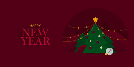 Christmas tree with New Year garland on red background. Vector Happy New Year banner.のイラスト素材