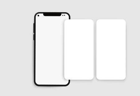 Mockup of black phone and white screens for social media on gray background. Vector template.のイラスト素材
