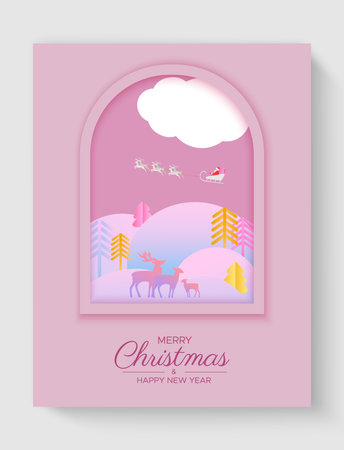 Merry Christmas pink card with a winter landscape in a frame. Bright card for the New Year holidays.のイラスト素材