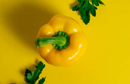Yellow pepper and parsley on a yellow backgroundの写真素材