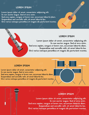 Template of banner or poster with modern open air festival or rock music concert flat design elements. Vector illustration. acoustic and electro guitar, drums, microphone.のイラスト素材