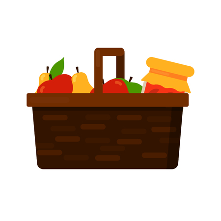 Wicker basket with fruits apple and pear and homemade jam or juice jar. Vector flat illustration isolated on white background.のイラスト素材