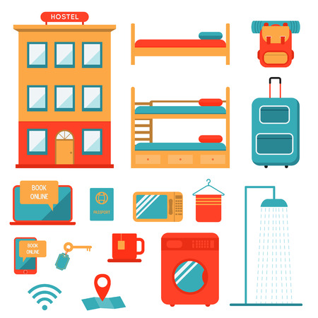 Low-cost cheap travel design elements set. Flat vector illustration of hostel service, suitcase, backpack, bunk bed, room key. Could be used for icon and infographic.のイラスト素材