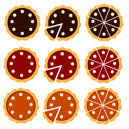 Homemade pie. Flat vector illustration isolated on white background. Sliced pie with cream. Top view. Could be used as icon or design element. Easy to scale and recolor. Eps10のイラスト素材