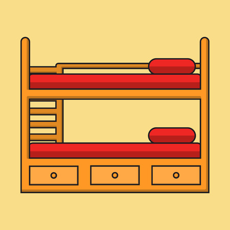 Bunk bed with stairs, wooden bunk decker bed, bed for children in flat linear style with shadow, vector illustration isolated on the background.の写真素材