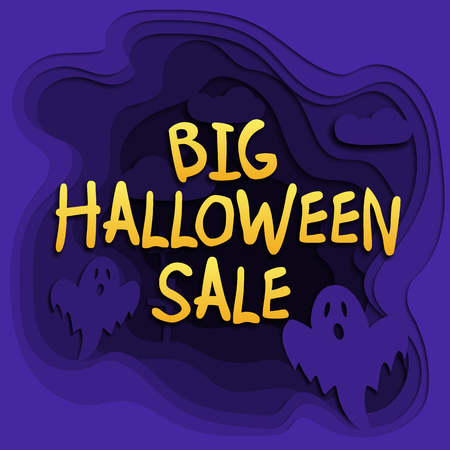 Big halloween sale 3d abstract paper cut illlustration of cemetery, and ghosts.の写真素材