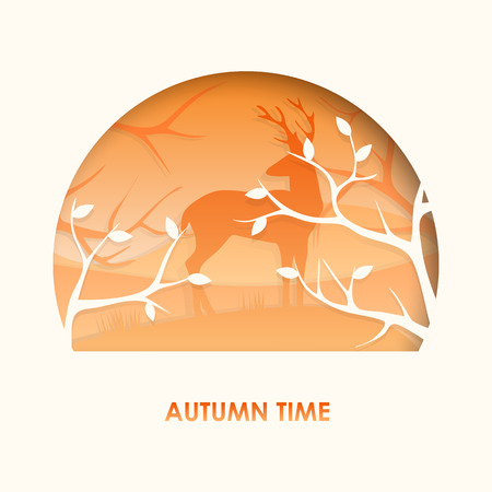 3d abstract paper cut illustration of deer in the autumn forest. Vector colorful postcard template in carving art style.のイラスト素材
