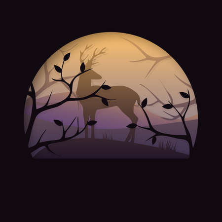 3d abstract paper cut illustration of deer in the dark autumn forest. Vector colorful postcard template in carving art.のイラスト素材