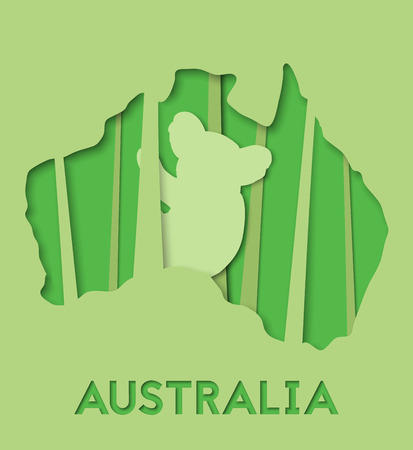 3d abstract paper cut illlustration of Australia green map with koala. Vector travel poster or banner template in carving art style. Eps10.のイラスト素材