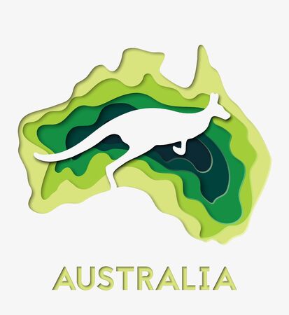 3d abstract paper cut illustration of Australia green and blue map with kangaroo.のイラスト素材