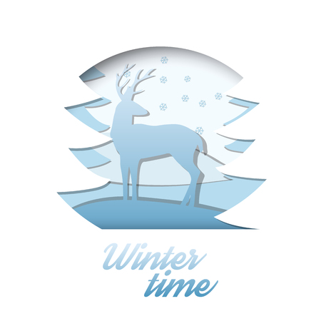 3d abstract paper cut illlustration of deer in the winter forest. Vector colorful postcard template in carving art styleのイラスト素材