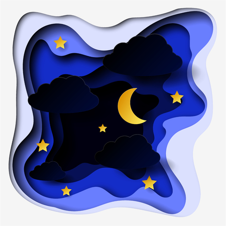 abstract paper cut illlustration of clouds, moon and stars in the night. Vector colorful template in carving art styleのイラスト素材