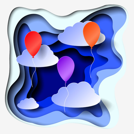 3d abstract paper cut illlustration of clouds and air balloons. Vector colorful postcard template in carving art style.のイラスト素材