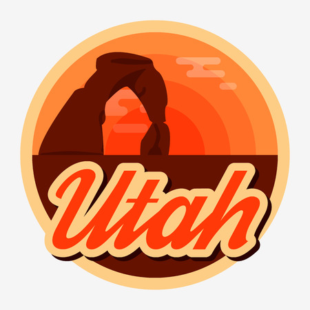 Travel Utah destination retro round icon, emblem, sticker or badge in cartoon flat style with shadow. Sunset in Arches National Park, USA. Eps10.のイラスト素材