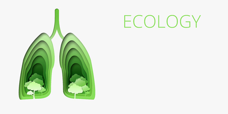 Tree in the green healthy lungs. 3d abstract paper cut illustration. Vector banner template in carving art style. Ecology concept. Eps10.のイラスト素材