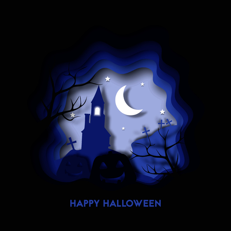 Happy halloween 3d layered abstract paper cut illlustration with pumpkin, house, cementry. Vector colorful template in carving art style.のイラスト素材
