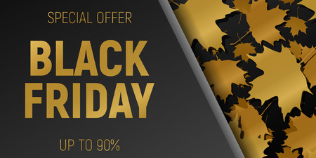 Black Friday sale web horizontal banner with gold flying maple leaves.のイラスト素材