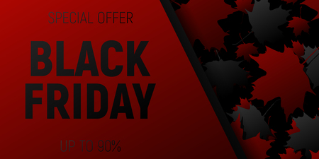 Black Friday sale web horizontal banner with red flying maple leaves.のイラスト素材