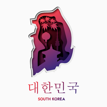 Abstract paper cut shapes illustration of South Korea map and famous buildings. Vector travel poster or banner template in carving art style.のイラスト素材