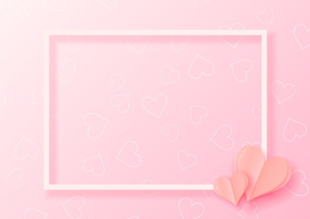 3d abstract paper cut illustration of pink heart shape with white frame. Vector colorful greeting card template in carving art style.のイラスト素材