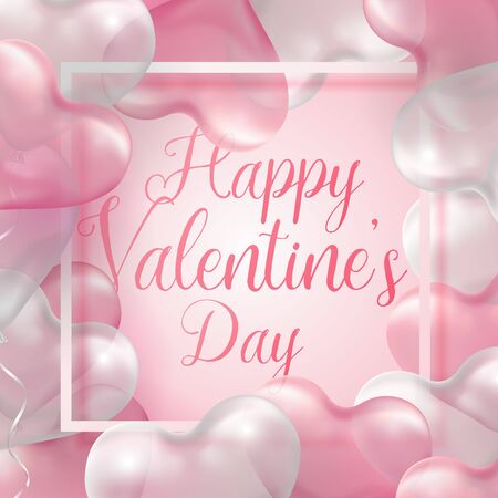 Happy Valentine's day cute square web banner template. Pink and white 3d glossy heart balloon with text. Vector illustration.のイラスト素材