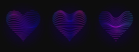 Bright blue pink heart. Neon sign. Glowing waves on black background. Modern design abstract...