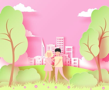 Happy Valentine's day 3d abstract paper cut illustration of colorful paper art landscape with paper cut couple, big city, trees and sky. Vector design templateのイラスト素材