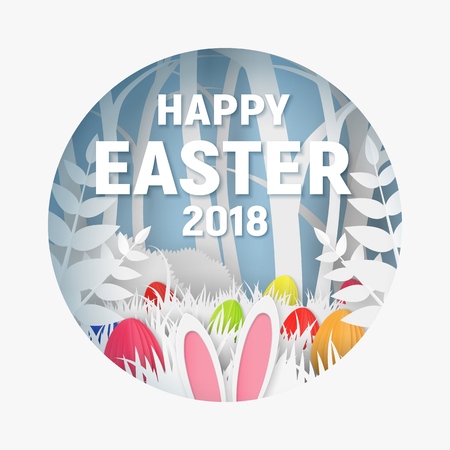 3d abstract paper cut illustration of colorful paper art easter rabbit, grass, flowers and egg hunt.のイラスト素材